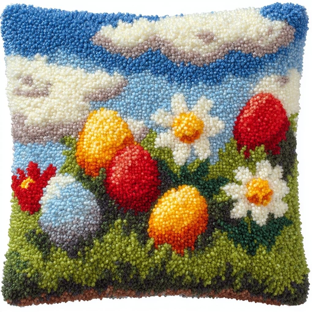 WallustrioaW Latch Hook Cushion Kits 17x17in,Easter Eggs in the Flower Bushes