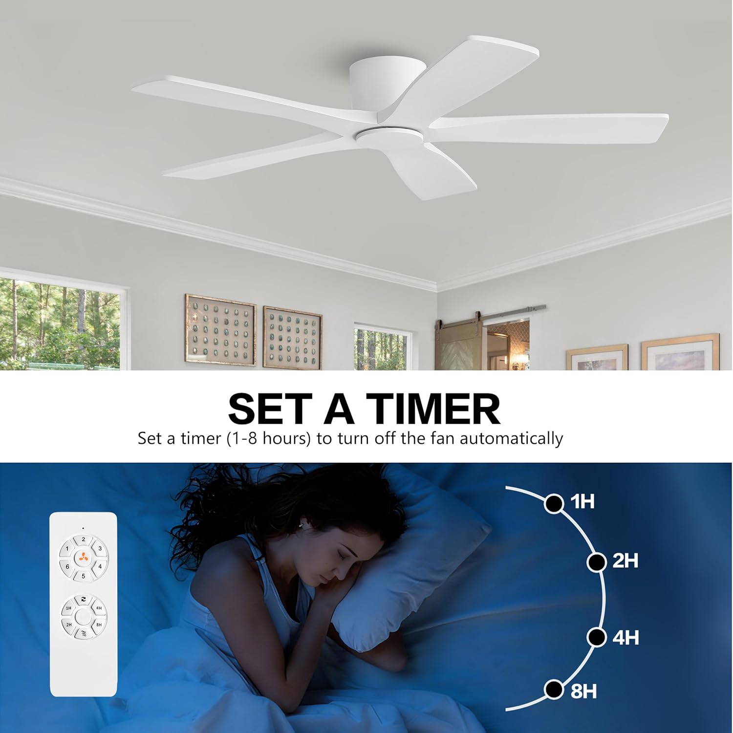 WINGBO 48" Flush Mount DC Ceiling Fans Without Lights, 5 Carved Solid Wood Blades, 6-Speed Reversible DC Motor, Low Profile Hugger Ceiling Fan No Lights for Living Room Bedroom Patio, Gloss White