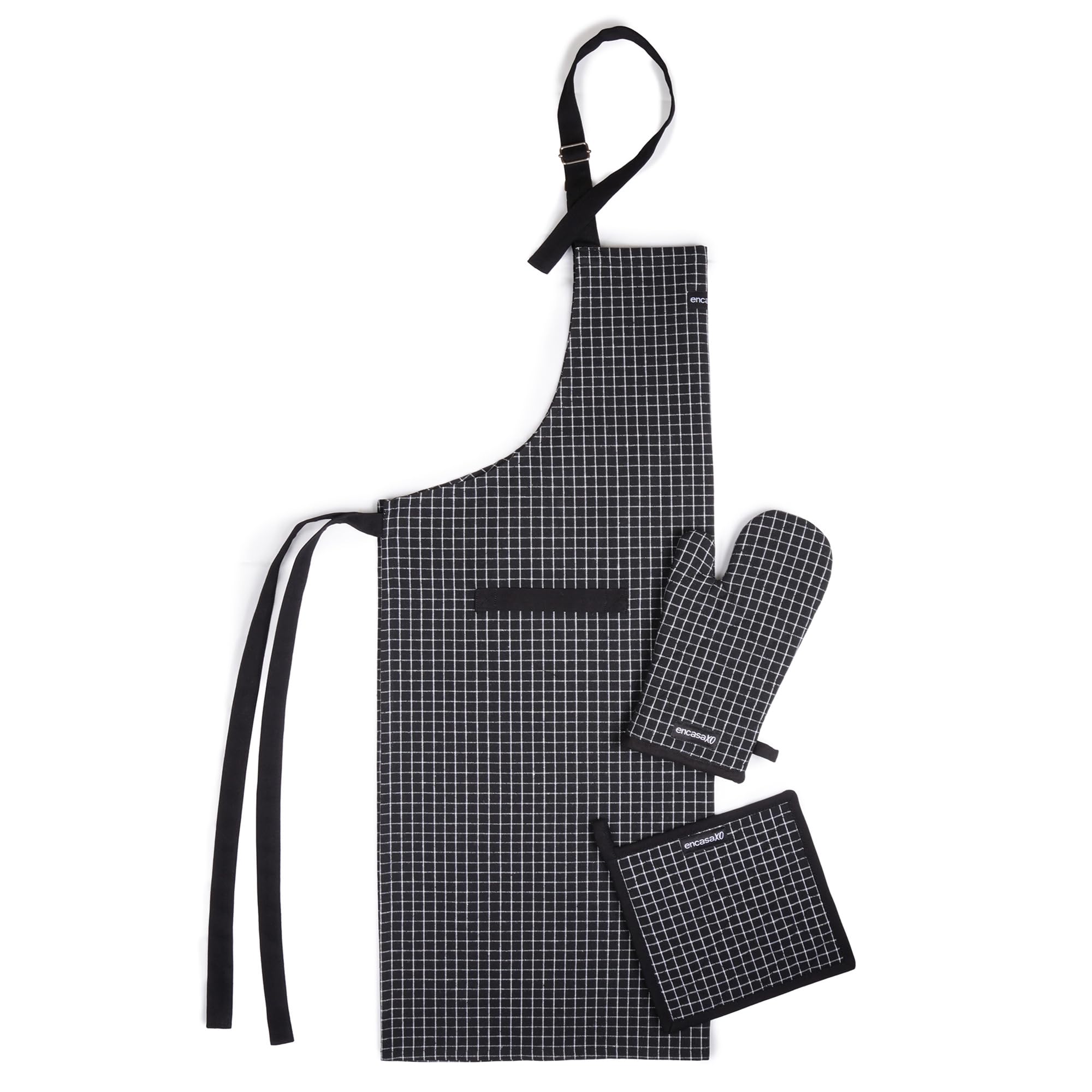Encasa XO Kitchen Apron with Oven Gloves & Potholder - Combo Set - 100% Cotton, Heat Resistant - Butcher Checks Black, 68x85 cm, (Pack of 3)