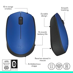 Logitech M170 Wireless Mouse for PC, Mac, Laptop, 2.4 GHz with USB Mini Receiver, Optical Tracking, 12-Months Battery Life, Ambidextrous - Blue
