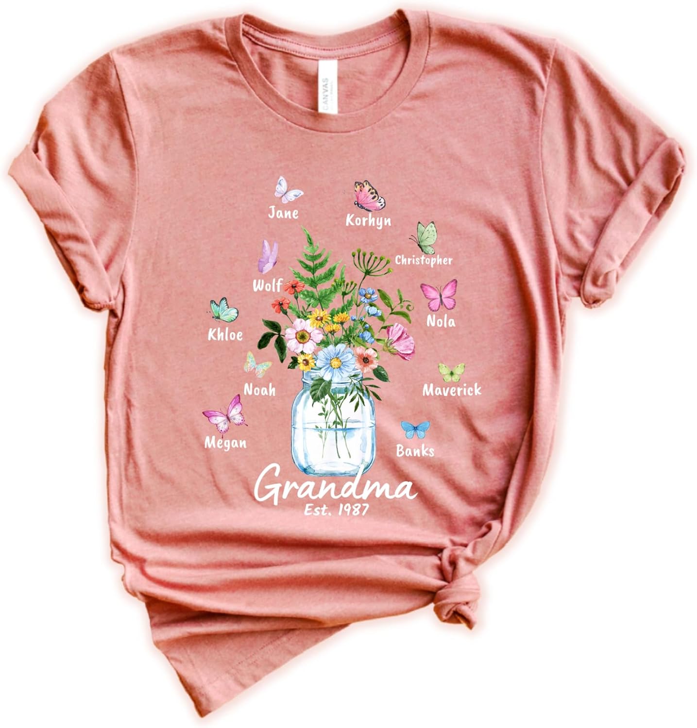 Custom Kids Name Grandma Shirt, Floral Grandmother Tee, Personalized Graphic Butterfly Shirt, Mother's Day Gift, Customized Name Flower Pot Tshirt, Graphic Est. Date Vase Shirt