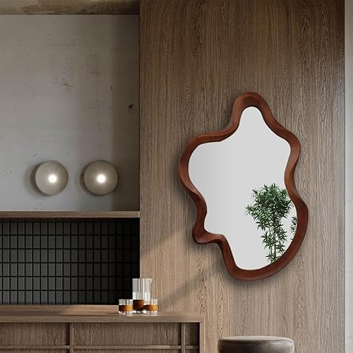 Miniatura 7 de osemy Espejo de pared irregular de 36 x 24 pulgadas, espejo de pared enmarcado de madera, espejo ondulado de pared asimétrico para sala de estar,