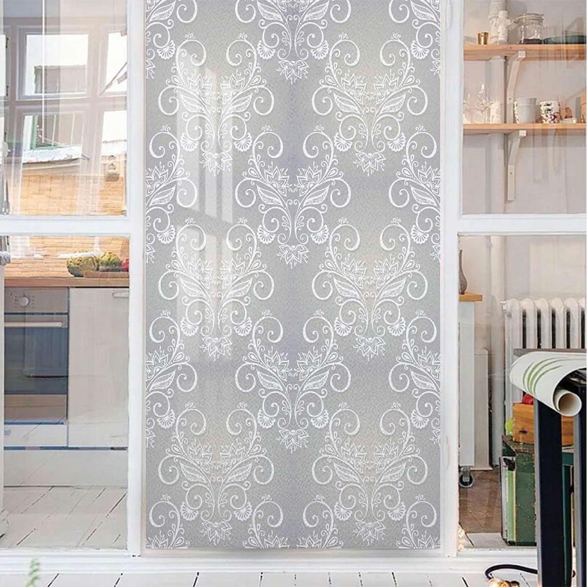 Grey White Window Film No Glue Privacy Glass Film Swirled Branches Curved Flower Leaves Window Privacy Film Frosted Removable Glass Covering Floral 31.5Wx62.9L-inch