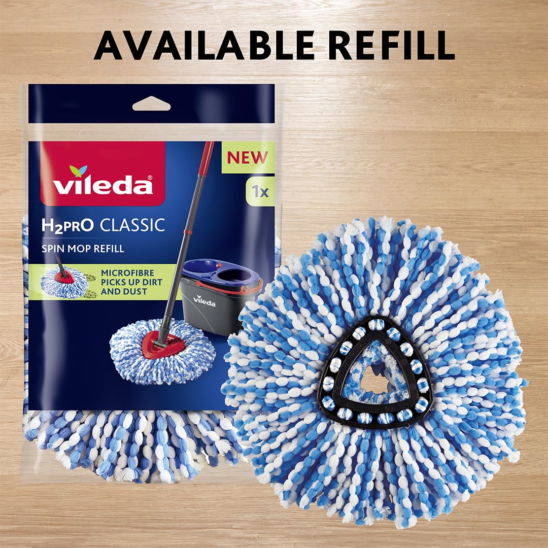 Vileda - H2prO Spin Mop - Kit avec Balai Serpillière et Seau Essoreur Innovant à Double Compartiment - Balai Serpillière Microfibre - Laveur de Sol avec Tête Triangulaire pour Les Espaces Etroits