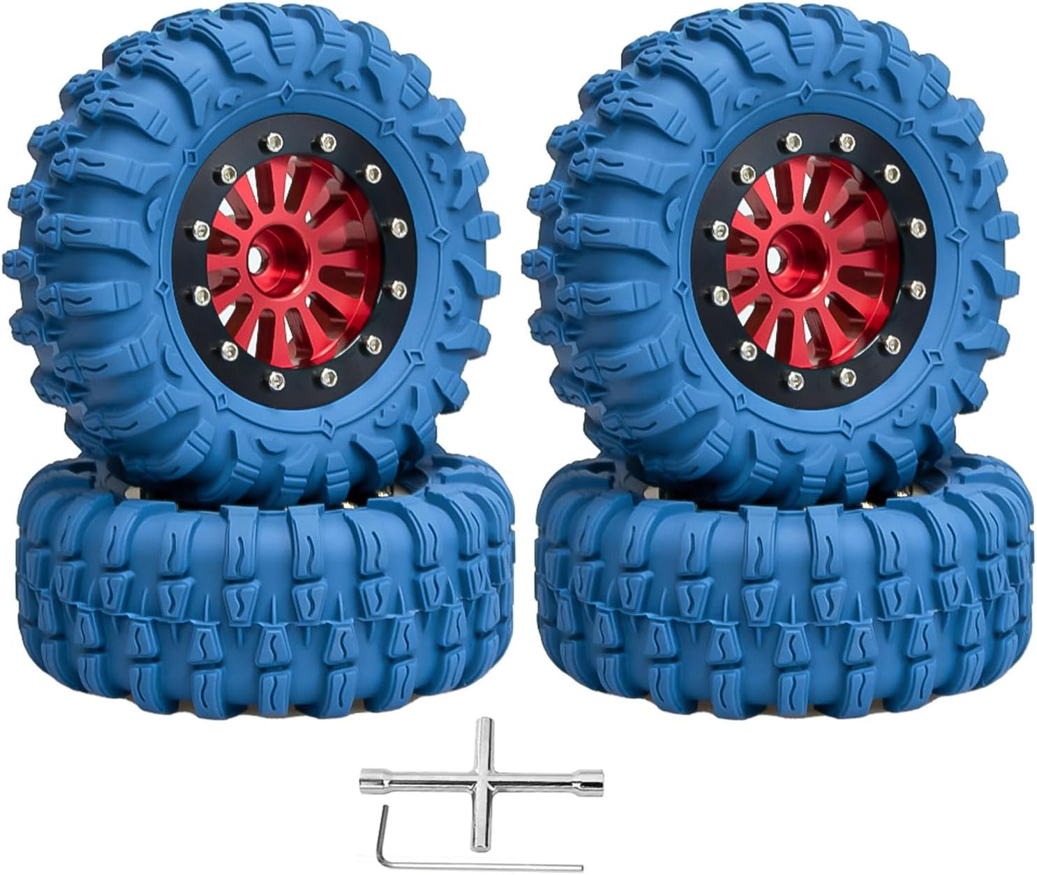 4PCS 1.3" Beadlock Wheel Tires Set 1.3inch Aluminum Beadlock Wheel Rim ＆ 2.56inch Colored Rubber Crawler Tires for 1/18 TRX4M 1/24 SCX24 FCX24 RC Crawler Car (blue tires + red wheel hub)