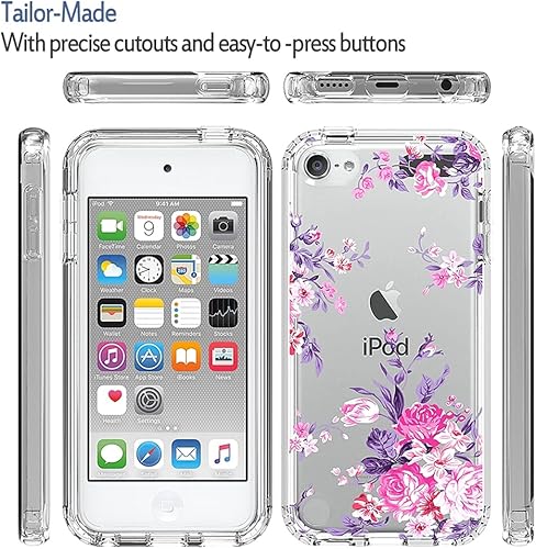 Miniatura 5 de Vokuha - Funda para iPod Touch 6, iPod Touch 5, iPod Touch 7, diseño floral de TPU transparente y transparente a prueba de golpes, para iPod Touch