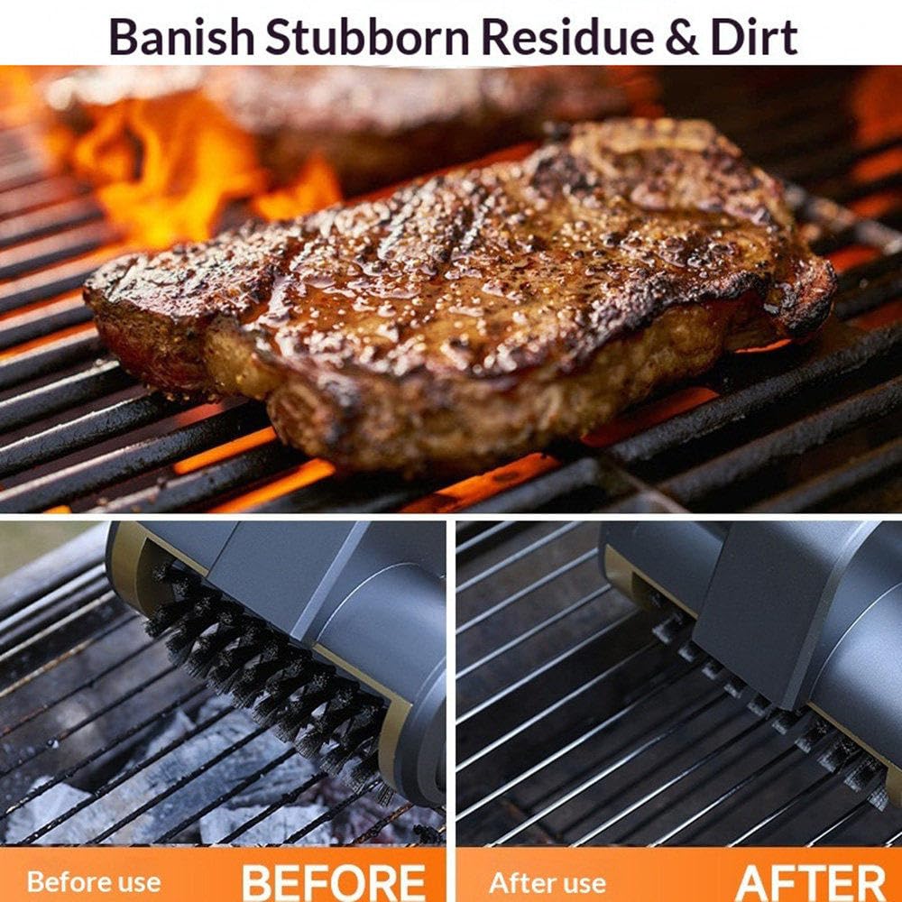 Spazzola Elettrica Senza Fili per Griglia, Spazzola per Griglia Barbecue con Protezione Antiolio, 2 velocità Regolabili con 3 Testine per Uso Interno Ed Esterno Gray