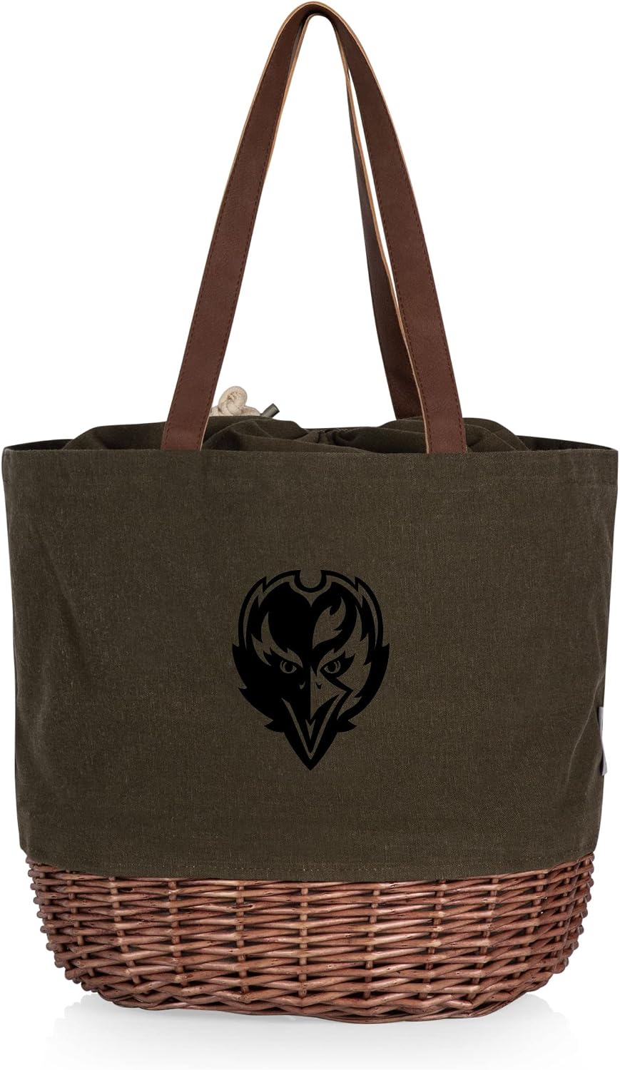 PICNIC TIME NFL Coronado Canvas and Willow Basket Tote, Picnic Tote Bag, Beach Tote, (Khaki Green with Beige Accents)