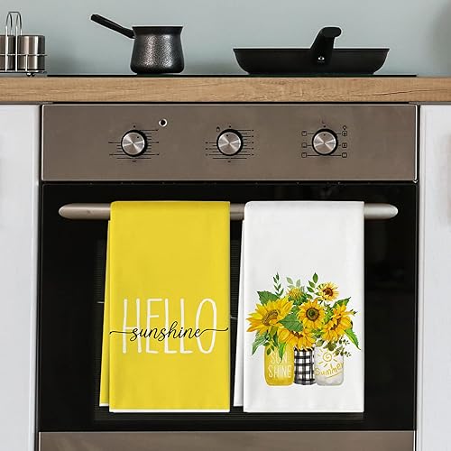 Miniatura 7 de AnyDesign Toalla de cocina de verano, Hello Sunshine, paños de cocina de girasol, diseño de flores amarillas para secar a mano, para cocinar de