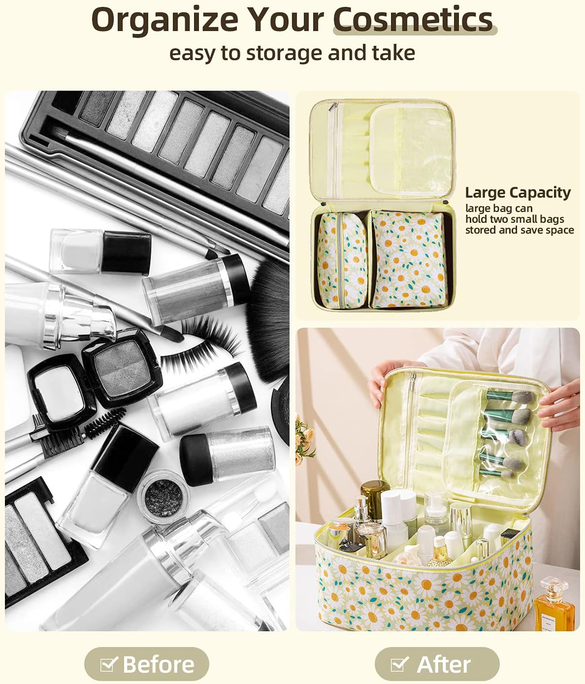 SAMZSKY Makeup Bag Set, 3 Pcs Portable Travel Cosmetic Bag Waterproof Organizer Case with Zipper Toiletry Bags, Gift for Women (Light Yellow) : Beauty & Personal Care