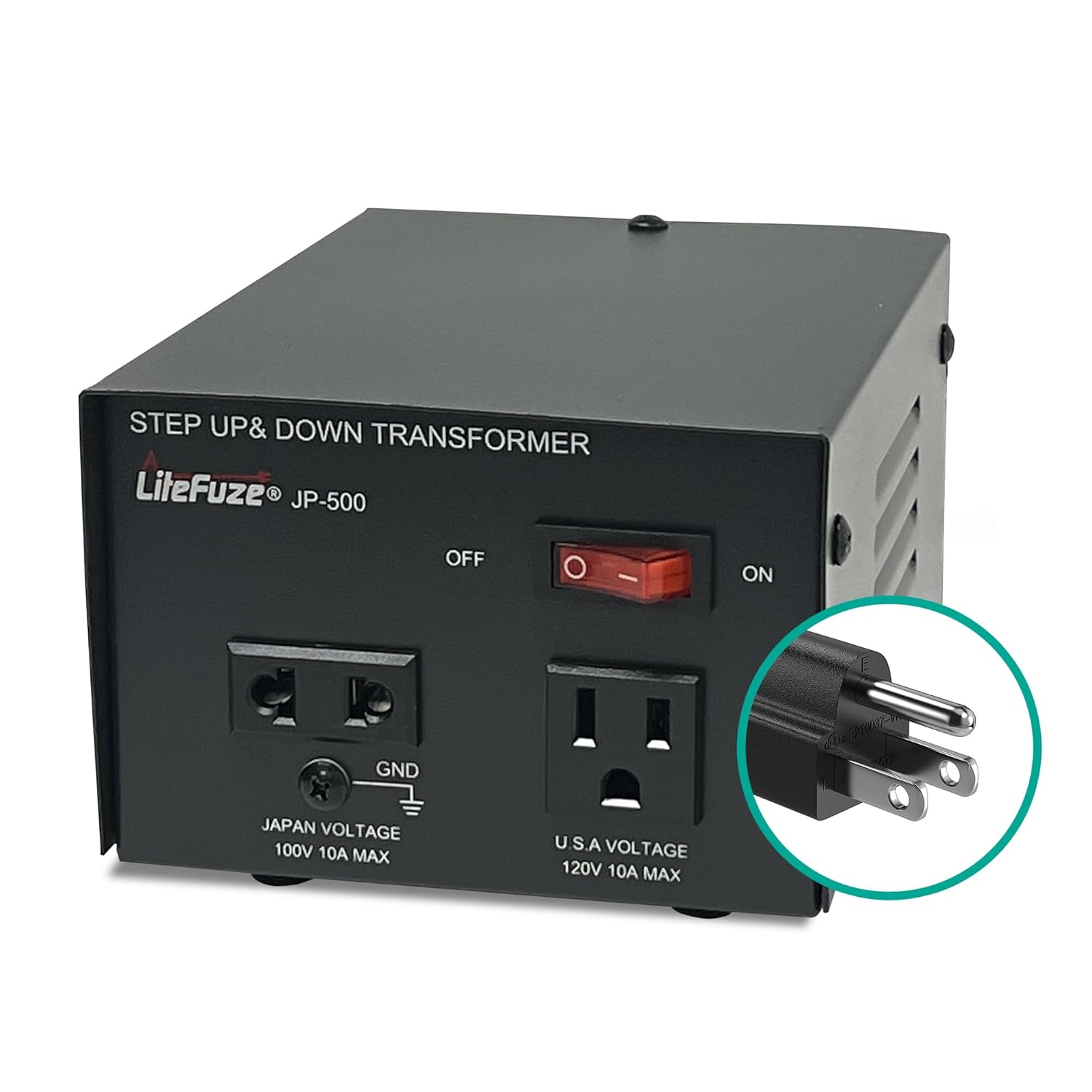 LiteFuze 500W Japan Voltage Converter Transformer – Step Up/Down 100V to 120V / 120V to 100V – Heavy Duty Power Converter with Fuse Protection & Fully Grounded Cord (JP-500)