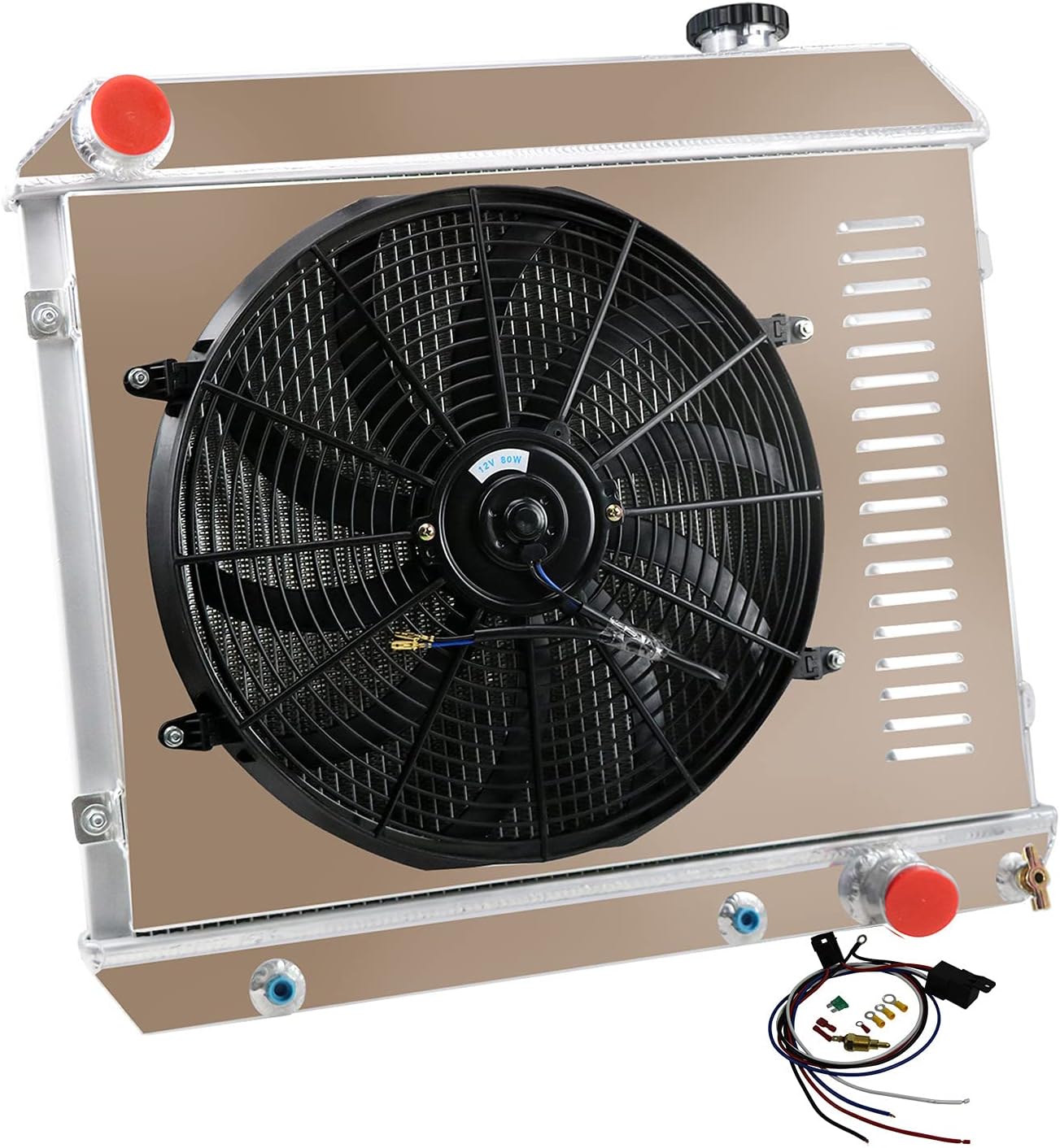 ECMRAD 3 Rows Aluminum Radiator for 1963-1966 Chevy Trucks C10 C20 C30 K20 K30 +Shroud Fan+Thermostat Relay kit