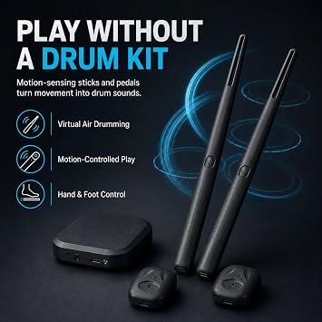 Air Drum Sticks Electronic Drum Kit with Foot Pedals and Audio Converter, Portable Motion-Sensing Virtual Electric Drum Sticks Set for Adults and Beginners, Quiet Home Practice