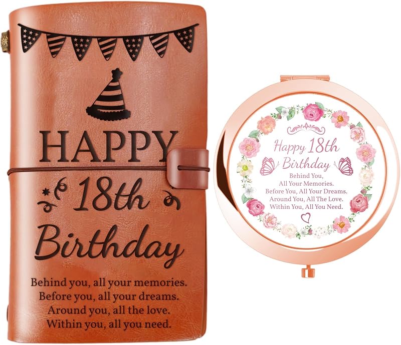 Conjunto jekiinova com diário de couro recarregável e espelho compacto para aniversário de 18 anos