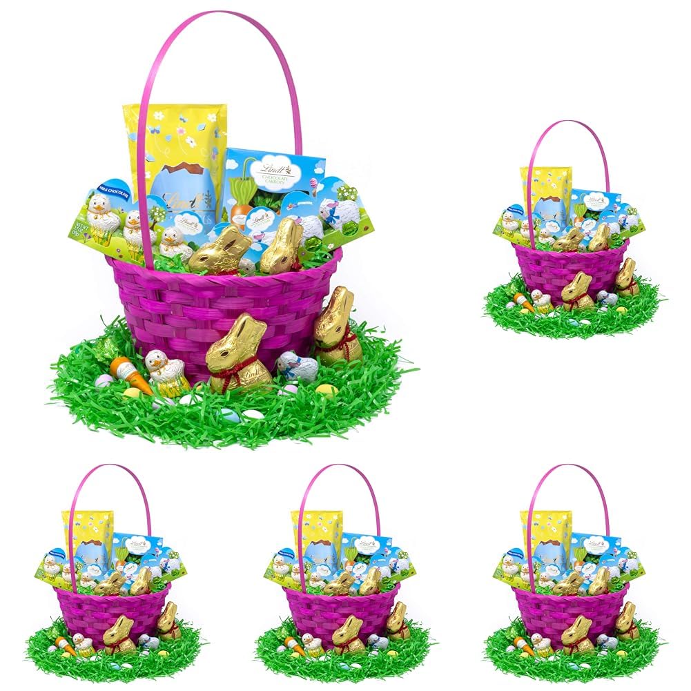 Lindt Easter Basket with GOLD BUNNY, Festive Lindt Chocolate for Kids with Pink Easter Basket Ready for Gifting