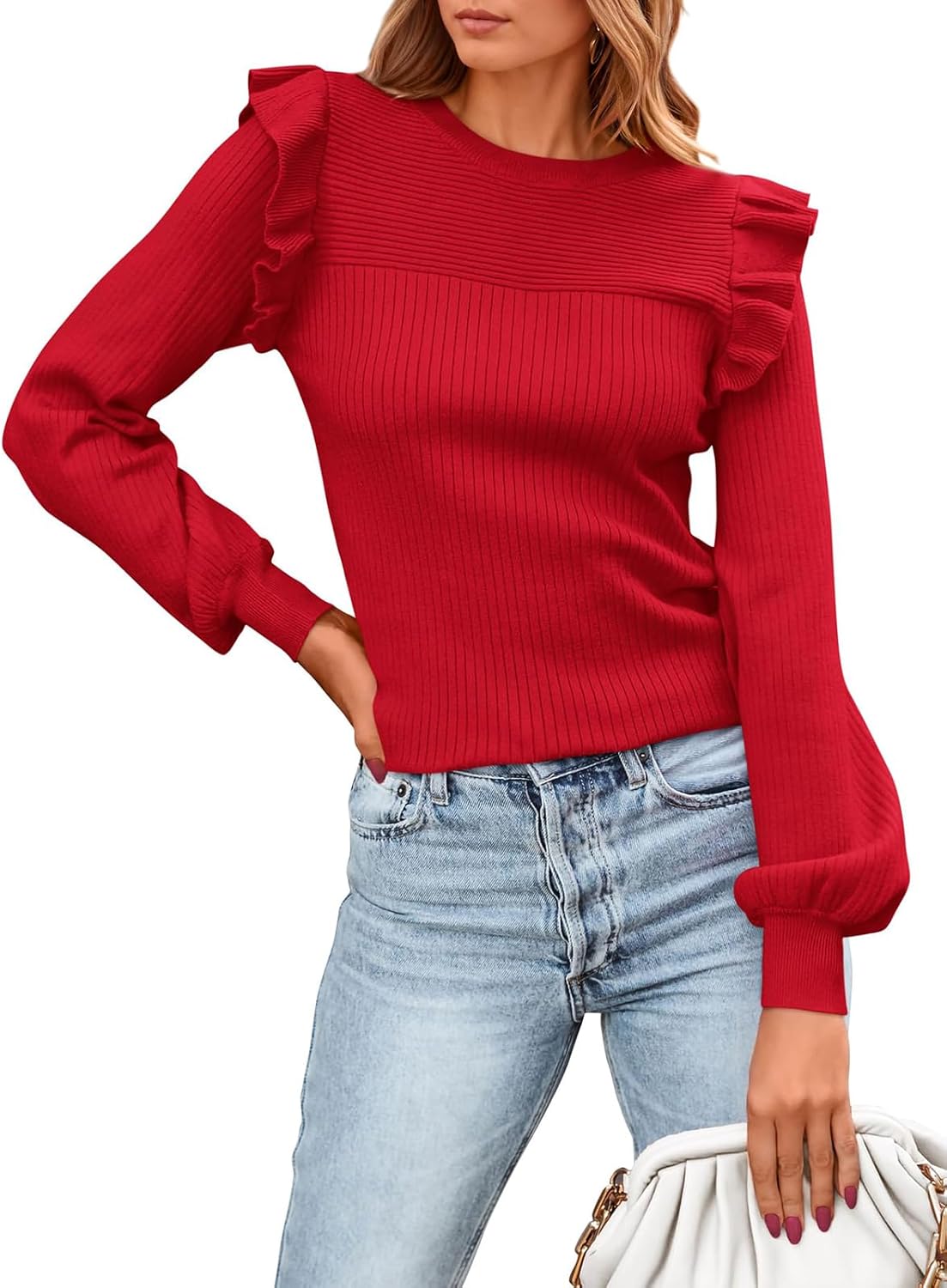 PRETTYGARDEN Women's Ruffle Long Sleeve Sweaters Crew Neck Lightweight Sweater 2026 Fall Trendy Ribbed Knit Pullover Tops