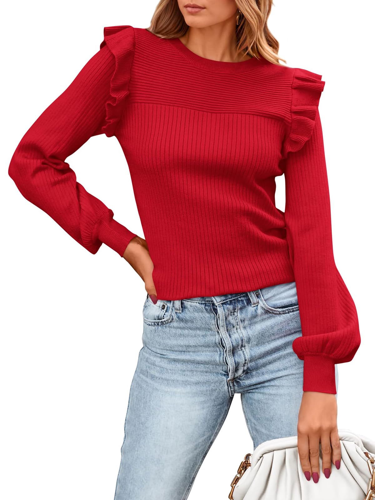 PRETTYGARDEN Womens Ruffle Long Sleeve Sweaters Crew Neck Lightweight Sweater 2025 Fall Trendy Ribbed Knit Pullover Tops