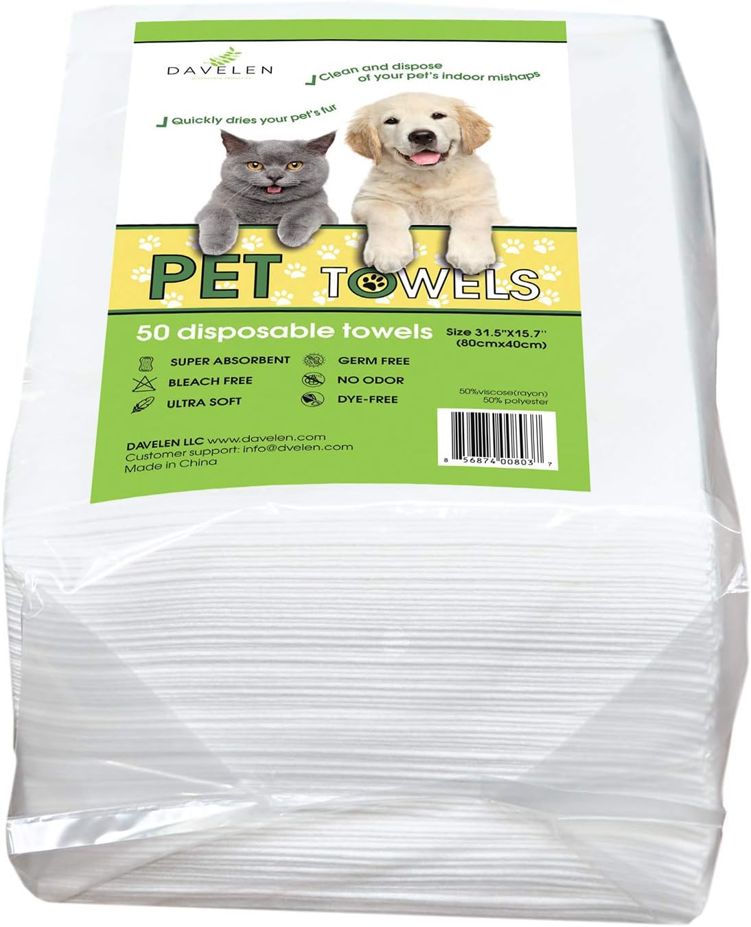 DAVELEN Disposable Pet Towels (50-Pack), Super Absorbent, for Small, Medium, Large Dogs & Cats | Paws, Fur, Body Use | Bleach and Dye…
