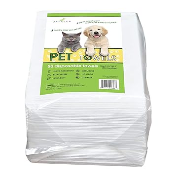 DAVELEN Disposable Pet Towels (50-Pack), Super Absorbent, for Small, Medium, Large Dogs & Cats | Paws, Fur, Body Use | Bleach and Dye Free, Hygienic, Ecofriendly | Towels Size: 31.5