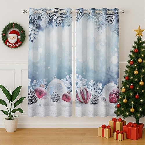 Miniatura 19 de Cortinas opacas de Navidad para niñas y niños, decoración del hogar, decoración navideña, árbol de acebo, estrella, Navidad, ojales, cortinas con