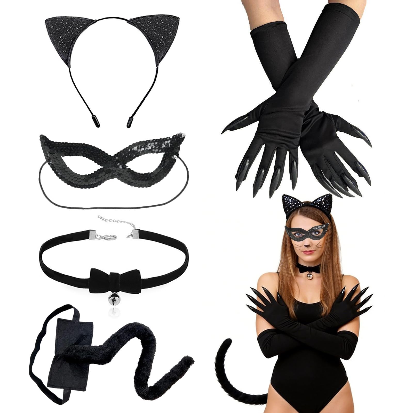 5 Piezas Disfraz de Gata para Mujer, Diadema con Orejas de Gato | Cola Gato, Collar, Máscara, Guantes, para Halloween, Fiesta de Disfraces, Carnaval, Cosplay, Fiesta Temática