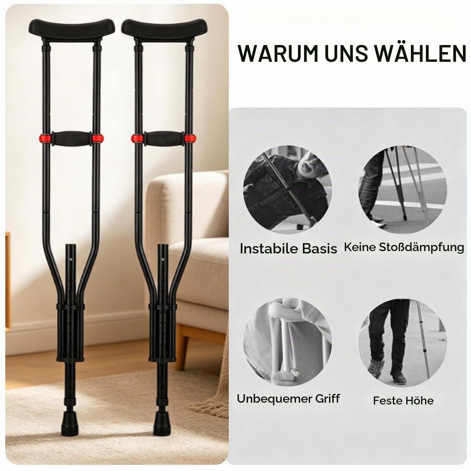Krücken,Achselkrücken,Achselkrücken Höhenverstellbar,1 Paar(2pcs),Höhenverstellbar,Mit Weichen Unterarm-und Handauflagen