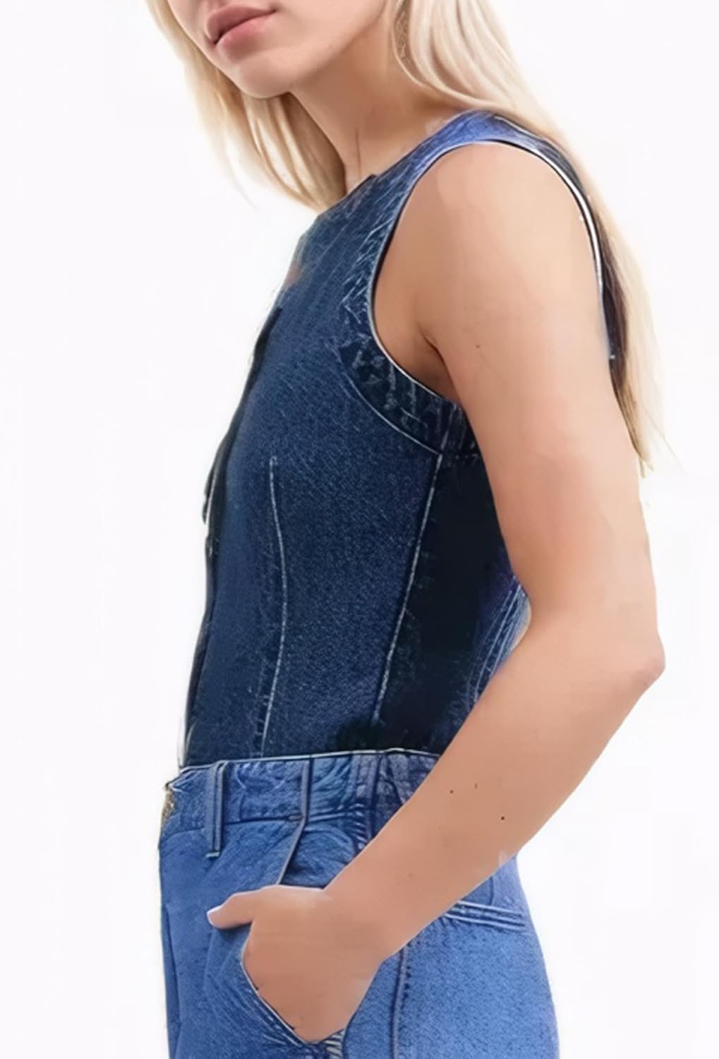 D-Sun Women Denim Vest Sleeveless Crewneck Button Down Jean Waistcoat Casual Front Slit Slim Denim Tank Top - Image 2