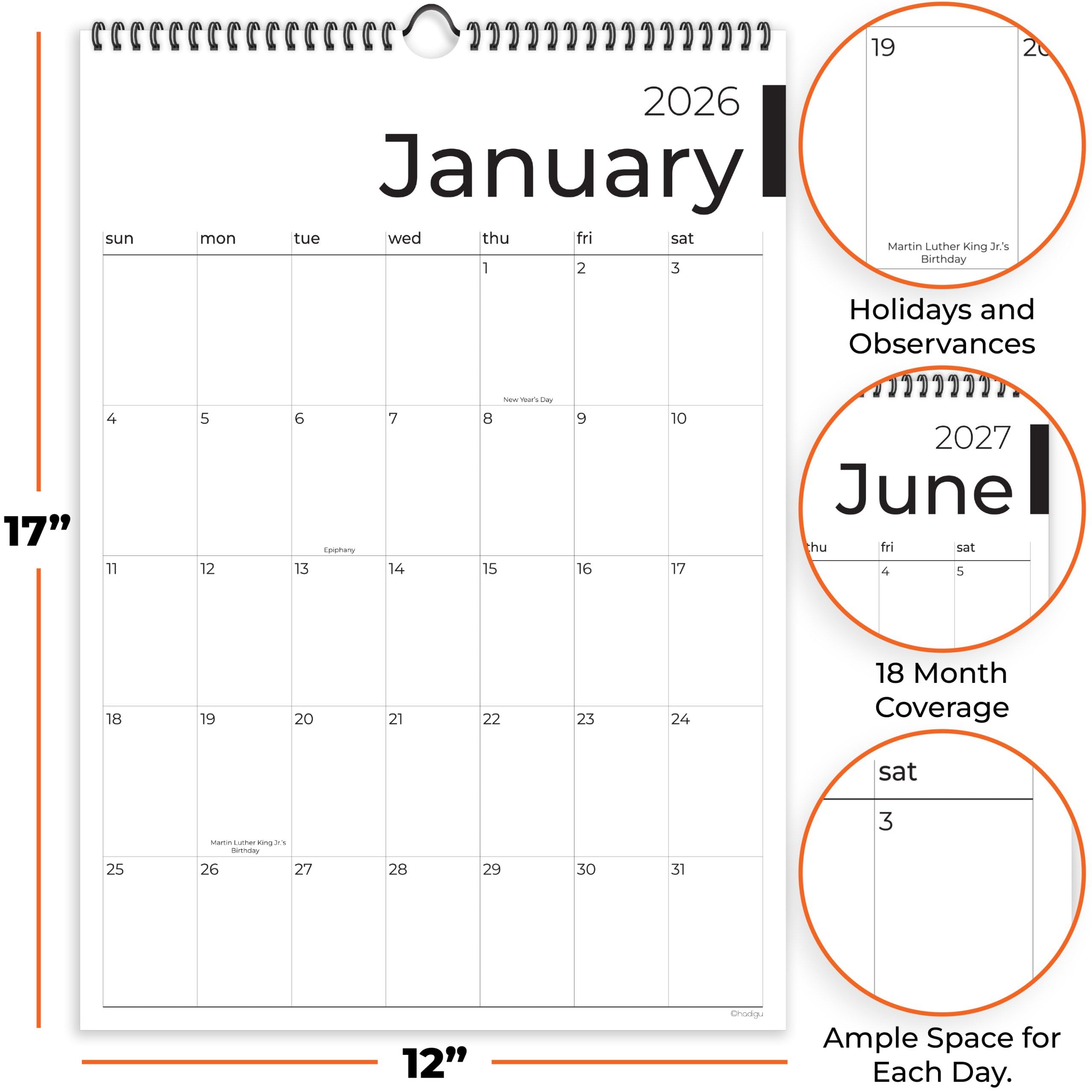 Wandkalender 2025-2026, 18 Monate, läuft von Januar 2025 bis Juni 2026, 43,2 x 30,5 cm, großer Wandkalender mit Aufhänger, dickem Papier und Spiralbindung, schlankes Business-Design