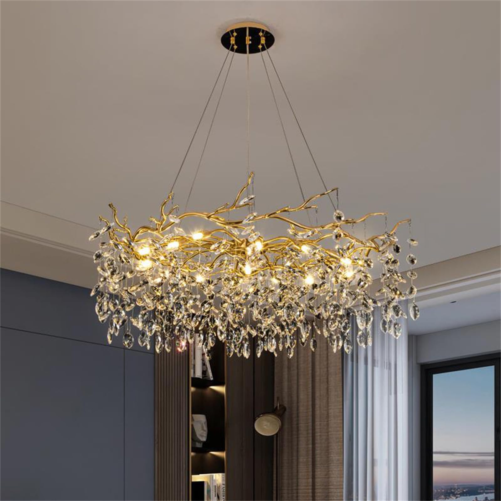 KXEcoLife Modern Tree Branch Crystal Chandelier Luxury Raindrop Pendant Lighting Contemporary Round Chandeliers for Dining Room Kitchen Bedroom Living Room,Dia80cm