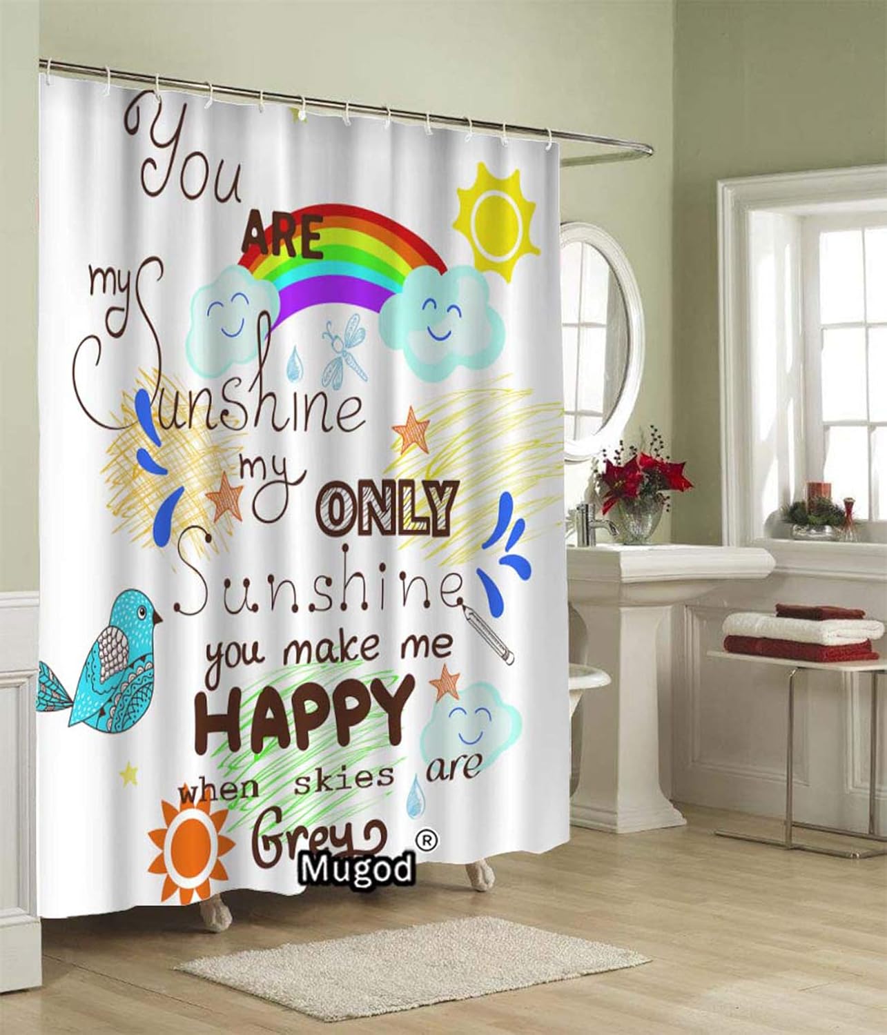 Mugod Beautiful Greeting Card Shower Curtains You are My Sunshine with Bird Cloud Rainbow and Sun Decorative Bathroom Waterproof Fabric Shower Curtain with 12 Hooks 60 x 72 Inches image 2