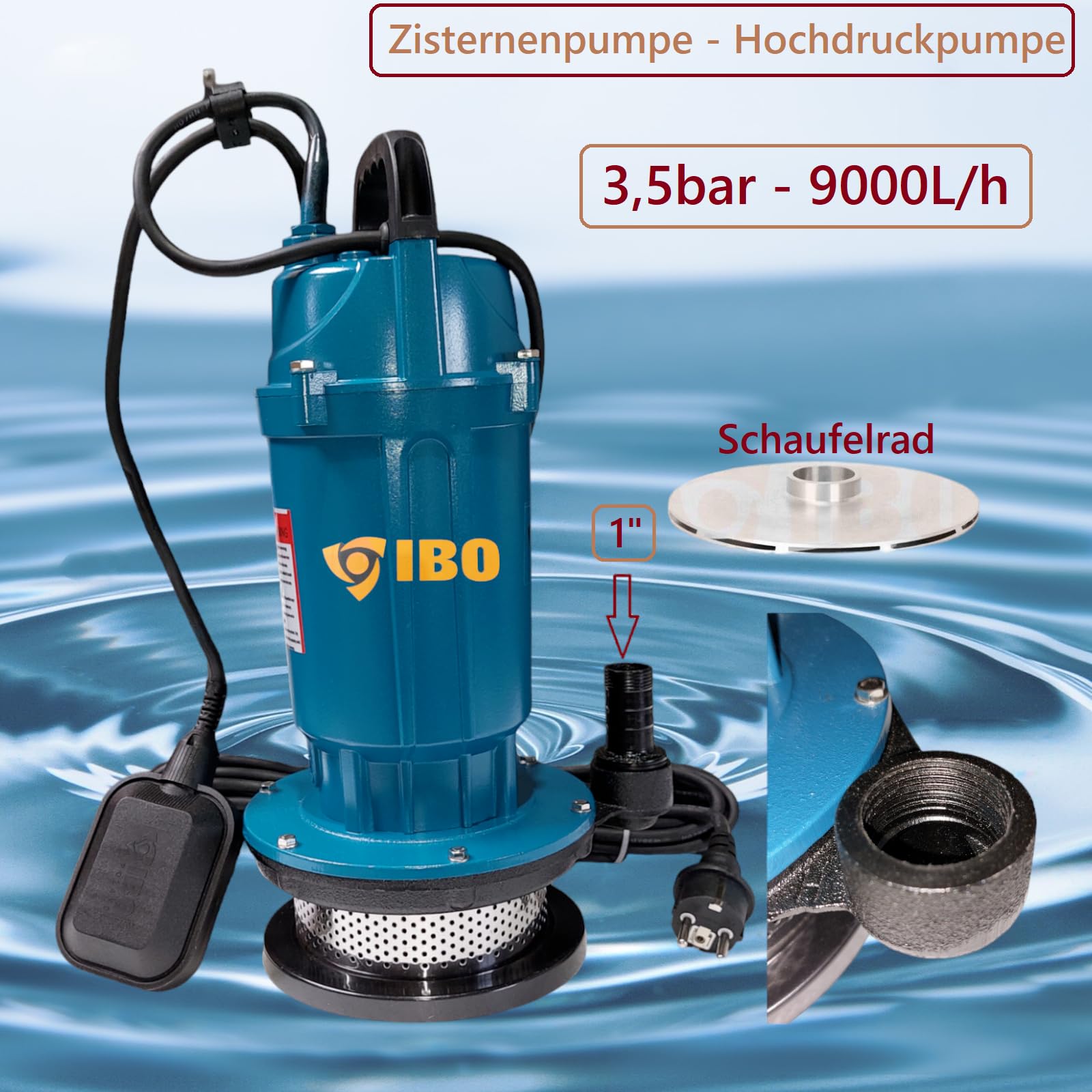 PAG-WQX - Hochdruck Zisternenpumpe Tauchpumpe Wasserpumpe Pumpe 3,5bar - 9000L/h für Gartenbewässerung Zisternenentleerung