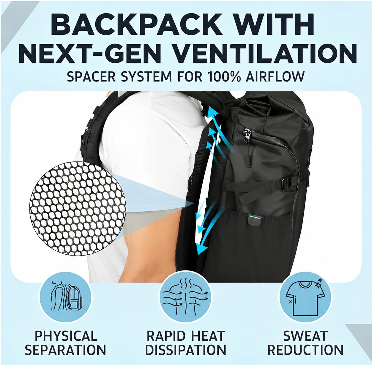 VentaPak Breeze 25 Rolltop Backpack - Ergonomic Design for Men or Women, Water Repellant Rucksack for Travel, Hiking, Commuting with Breathable Ventilated Spacer Frame, Large Side Pockets