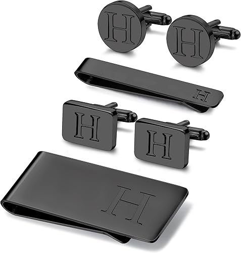 JOERICA Gemelos con iniciales para hombres y juego de clips para corbata para hombres, letras del alfabeto, billetera, clips de corbata y brazalete
