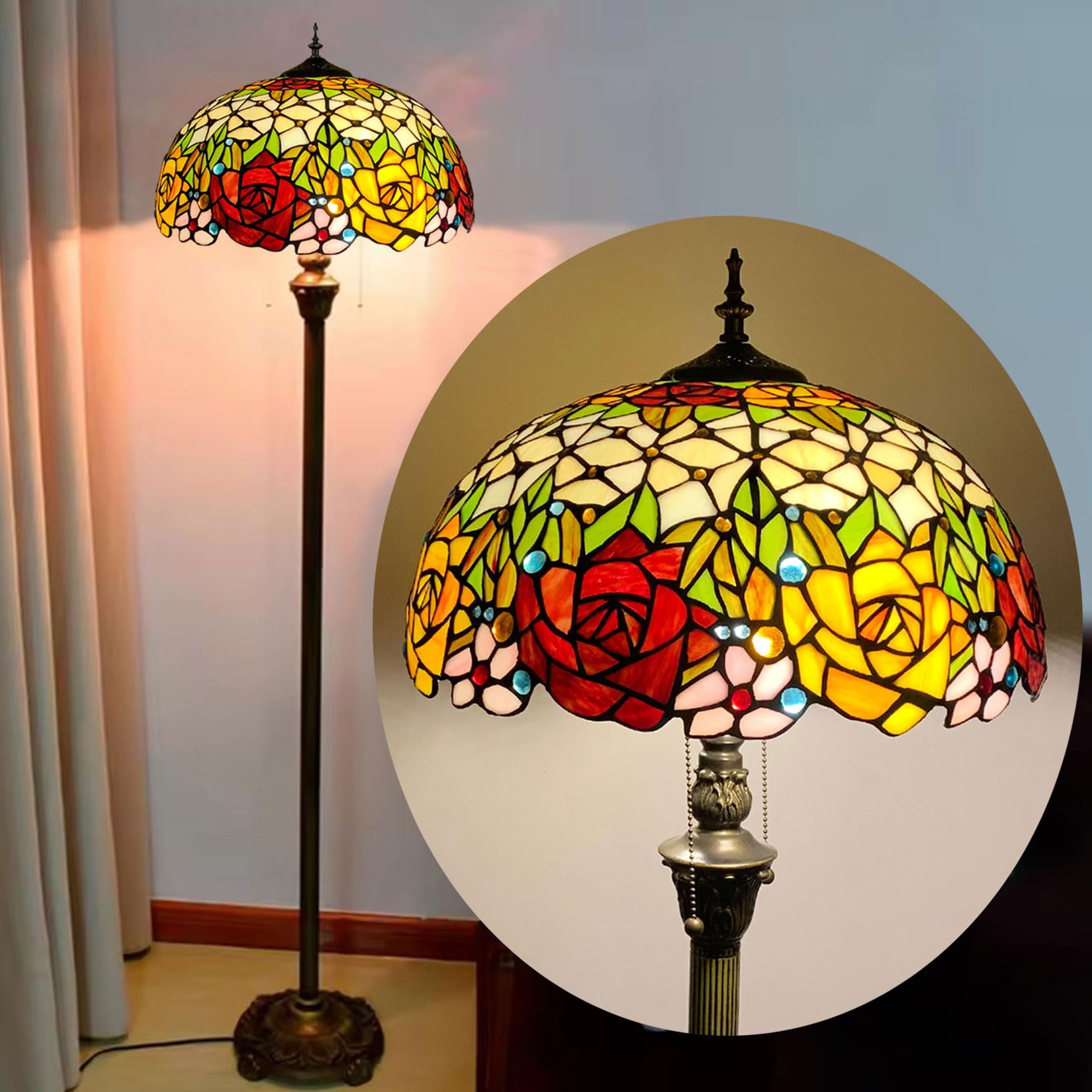 Lampe de lecture debout Tiffany BOTOWI avec double chaînette rétro pour un éclairage ciblé