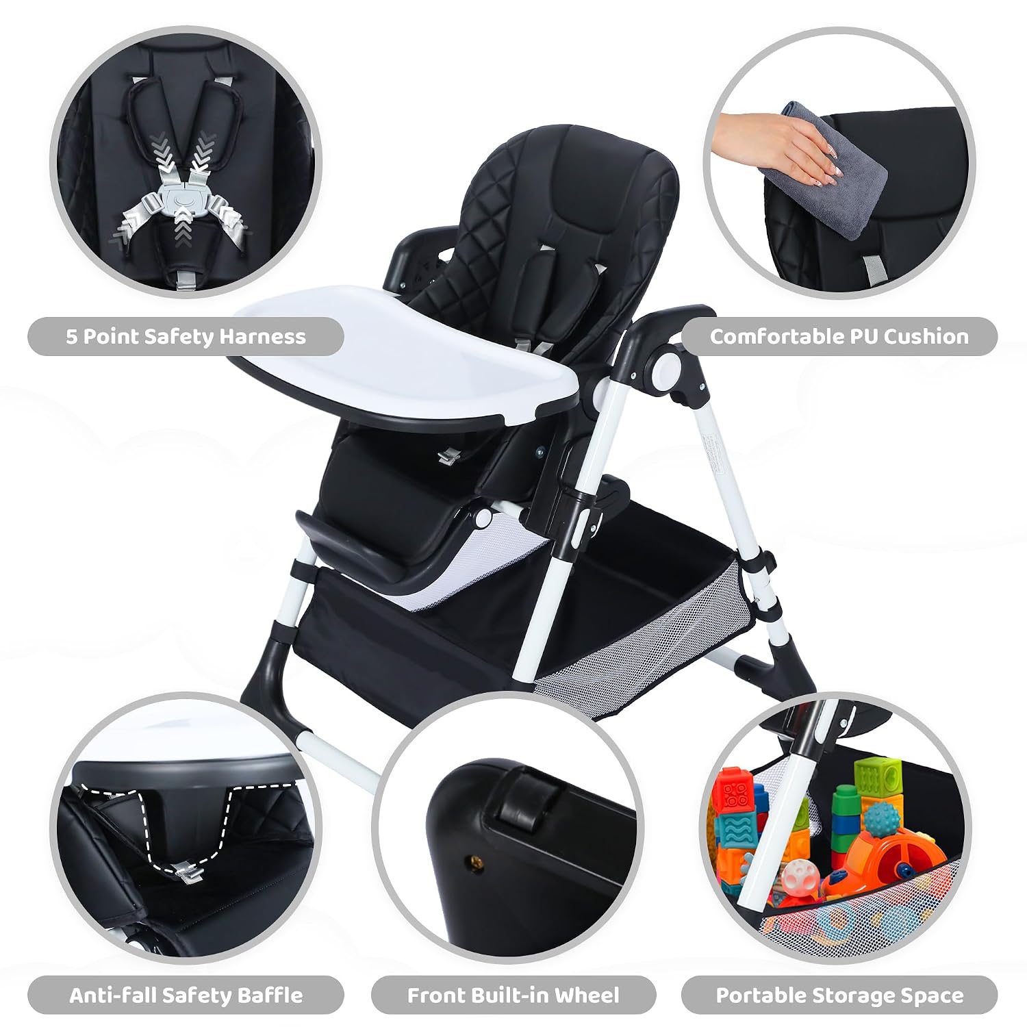 TODEFULL 3 in 1 Foldable Baby High Chair, Infant High Chairs for Babies and Toddlers, 6 Height & 4 Recline Adjustable Toddler Feeding Chair, 2 Built-in Wheels, Large Storage Space, Black