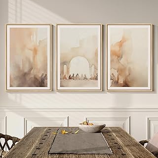Framed Christian Wall Art Set of 3, Minimalist Last Supper Canvas Prints, Neutral Beige Biblical Artwork for Dining Room Living Room Prayer Room, 16x24 Inch