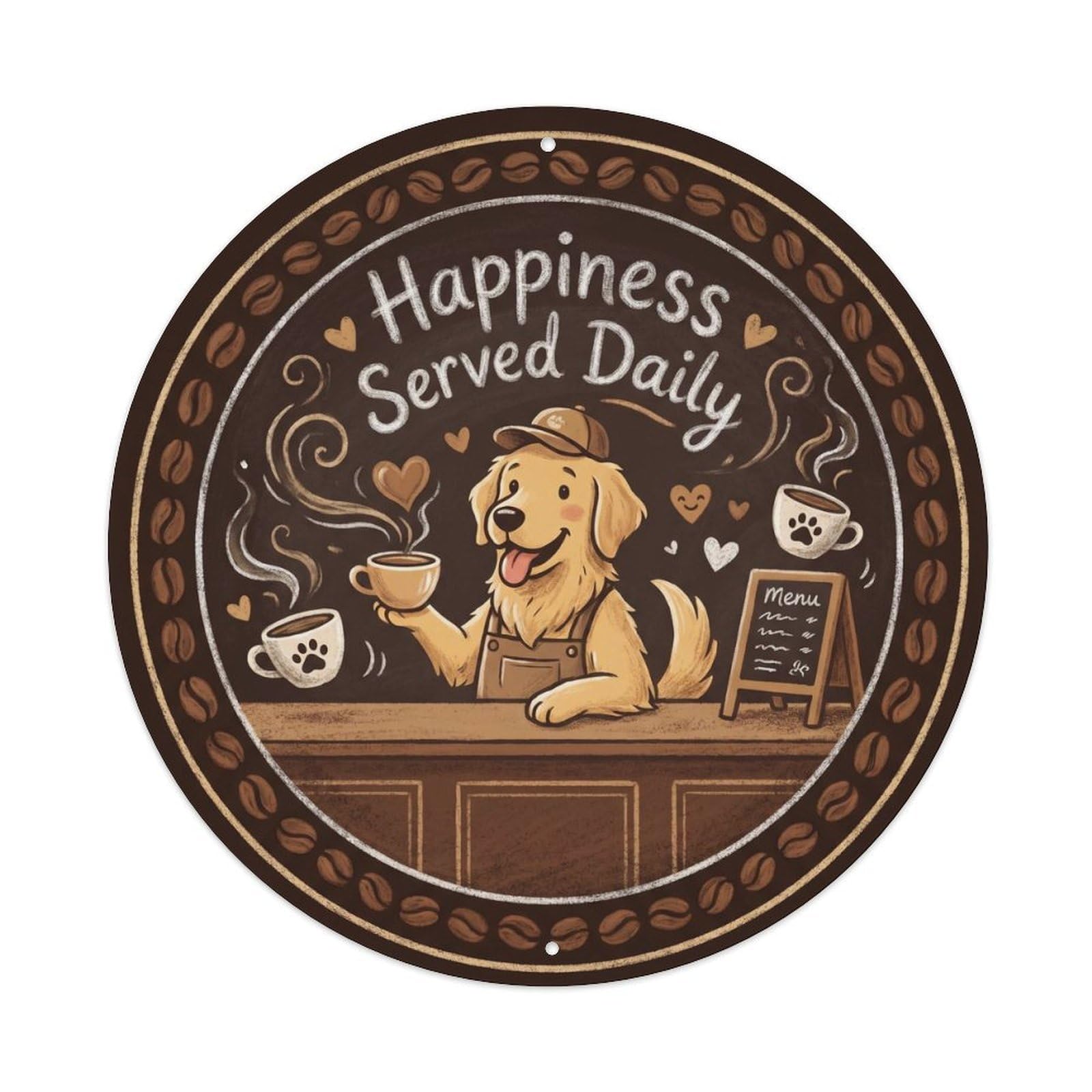 Vintage Happiness Served Daily Cafe Metal Tin Sign Plaque Wall Decor for Cafe, Club, Garden Round Metal Poster 8x8Inch