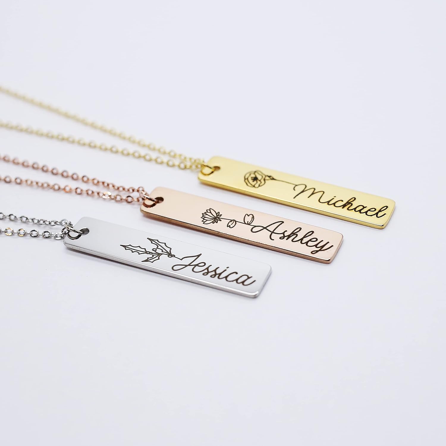 Personalized Flower Name Necklace Custom Engraved Bar Pendant Stainless Steel Floral Nameplate Jewelry Adjustable Cable Chain Gift for Her Women Mother Daughter Keepsake