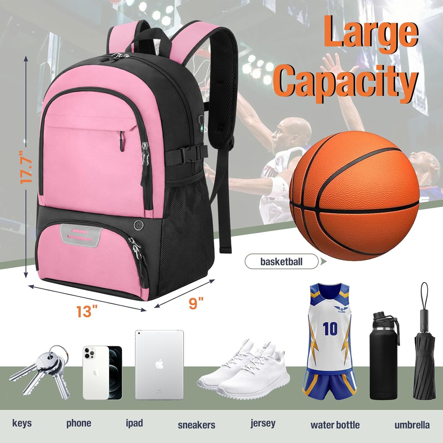 Basketball Backpack - Large Sports Equipment Bag with Ball Holder & Shoe Compartment, Sport Bags for Basketball, Soccer, Volleyball, Gym, School and Travel - Image 2