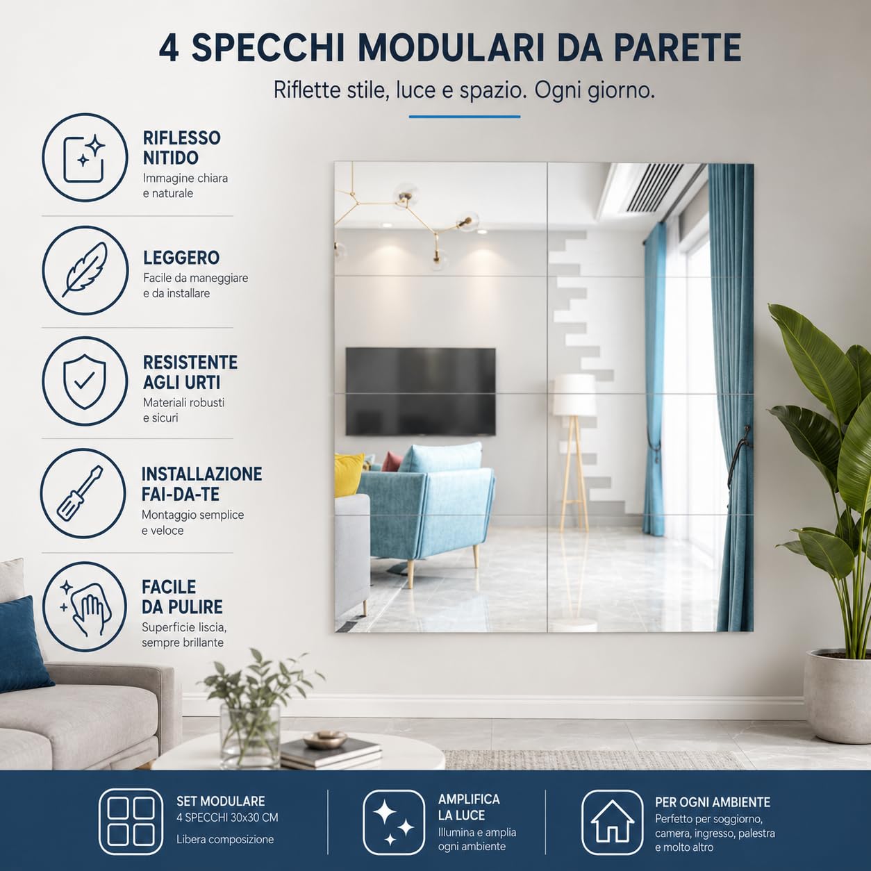 Gimnasio Espejo de Pie Cuerpo Entero 4 Piezas Espejos Grandes de Pared para Gimnasio Garaje Yoga Estudio de Baile y Dormitorio 30x30cm con Montaje Adhesivo