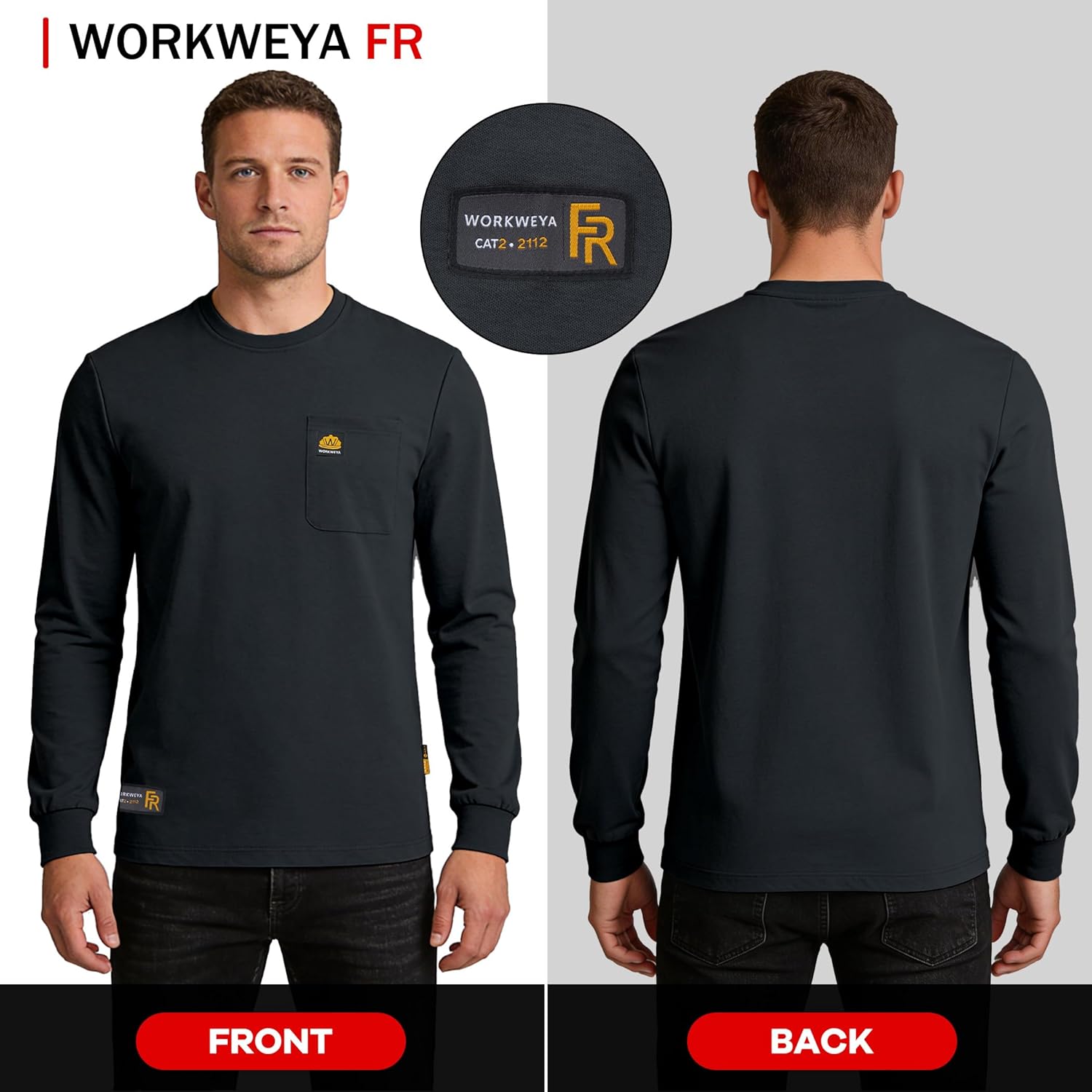 WORKWEYA Men's FR Shirts 6.5oz Lightweight Long Sleeve Flame Resistant T-Shirt NFPA 2112/CAT2