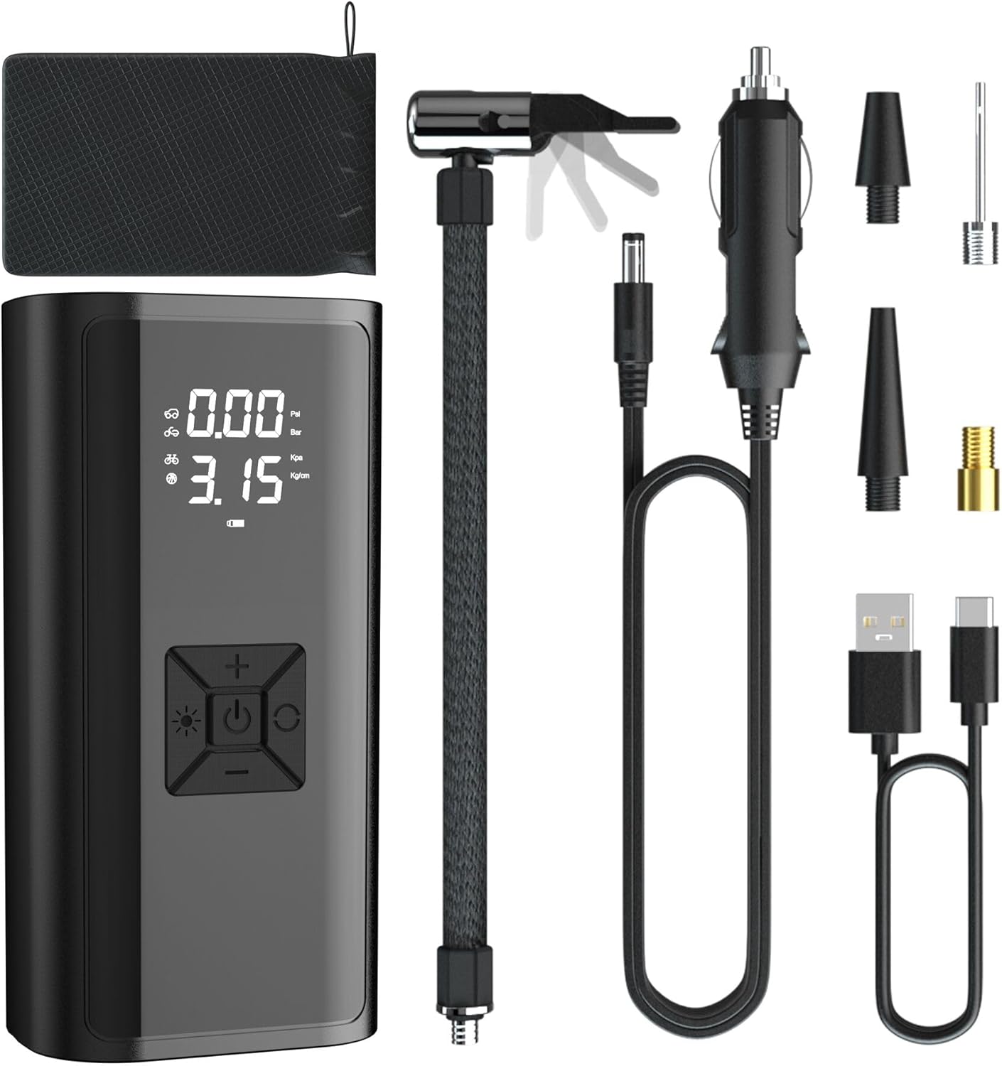 cosoos rechargeable tire inflator portable air compressor for car tires with digital tire pressure gauge, air pump for motorcycle, electric bike pump, basketball, bicycle pump with led flashlight