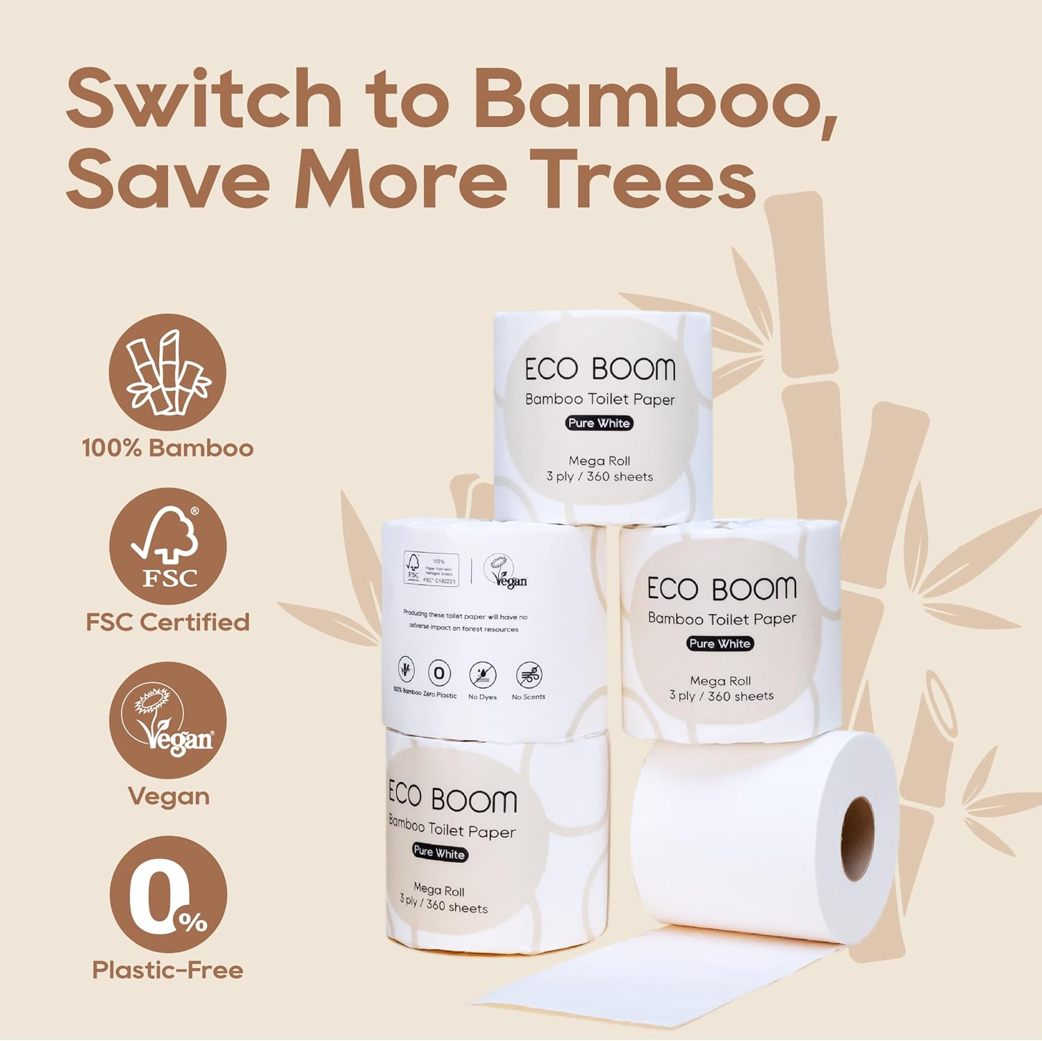 ECO BOOM Bamboo Toilet Paper 3 Ply - Sustainable Tree-Free Toilet Tissue - 24 Mega Rolls & 360 Sheets, FSC Certified, BPA Free, Septic Safe, Plastic & PFAS Free image 3