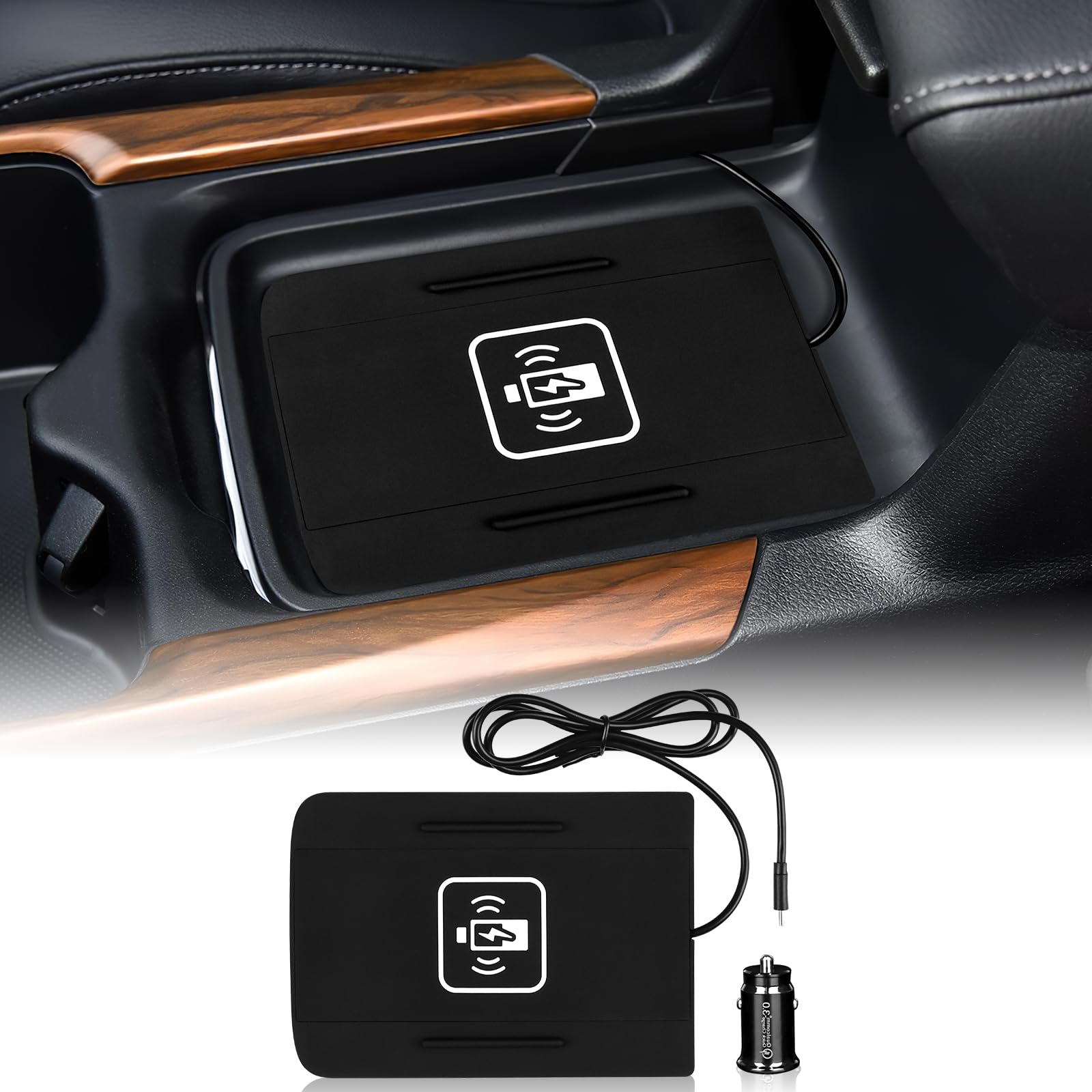 FDAIUN Wireless Phone Charging Pad Silicone Material Dual Charging Ports Charger Station 15W Adapter for Smartphone for Honda CRV 2017 2018 2019 2020 2021 2022(Side-to-side Drive Black)