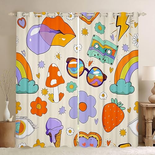 Miniatura 11 de Erosebridal Cortinas de flores hippie para decoración de cumpleaños, cortinas opacas lindas con diseño floral de arcoíris, 84 pulgadas de ancho x 84