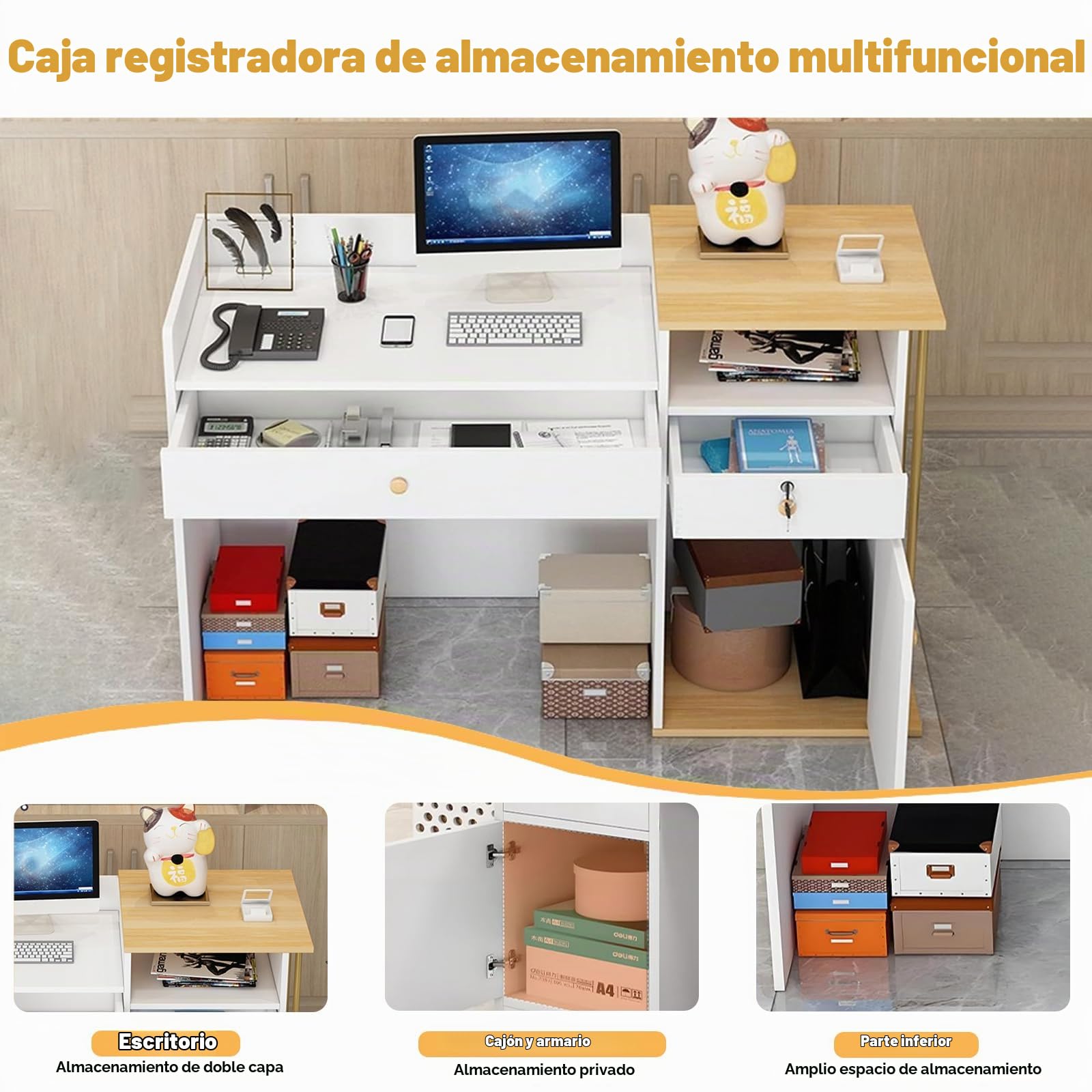 Mostrador Recepción, Con Cajones y Estantes Funcionales, Disponible en 100/120/140×40×90 Cm, Acabados en Blanco Cálido, Blanco Mármol o Gris Hierro, Ideal Peluque(Size:100x40x90cm,Color:Gris Hierro)