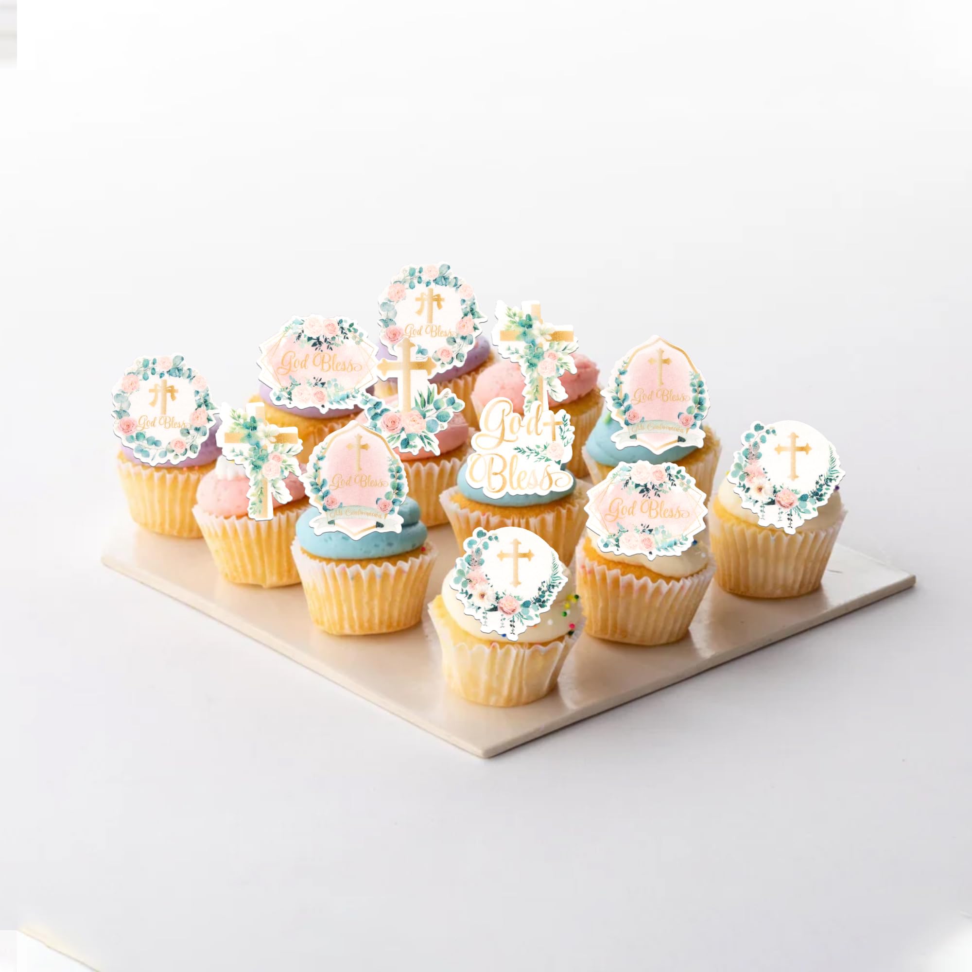 Xsstarmi 60 Pack Edible God Bless Cupcake Toppers Cross Pink Wreath Cupcake Picks for Christian Baptism Baby Shower Girls First Communion Party Cake Decorations - Image 3