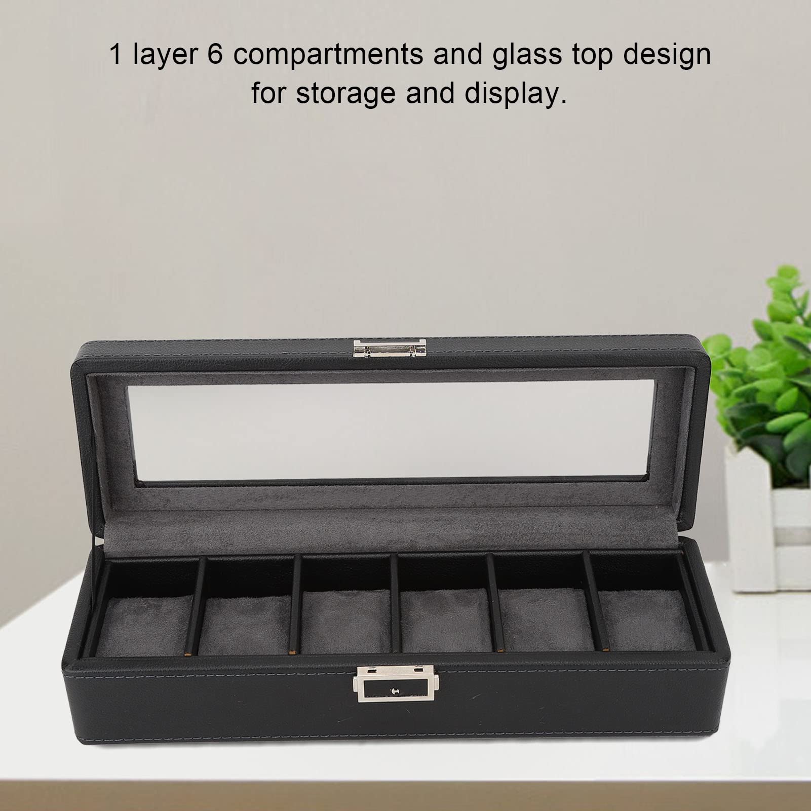 Uhrenbox mit 6 Fächern und Glasdeckel, einlagiges Schmuckaufbewahrungsgehäuse für Uhren, transparente Display-Box mit PU-Leder-Oberfläche für Wohndekor und Reisen
