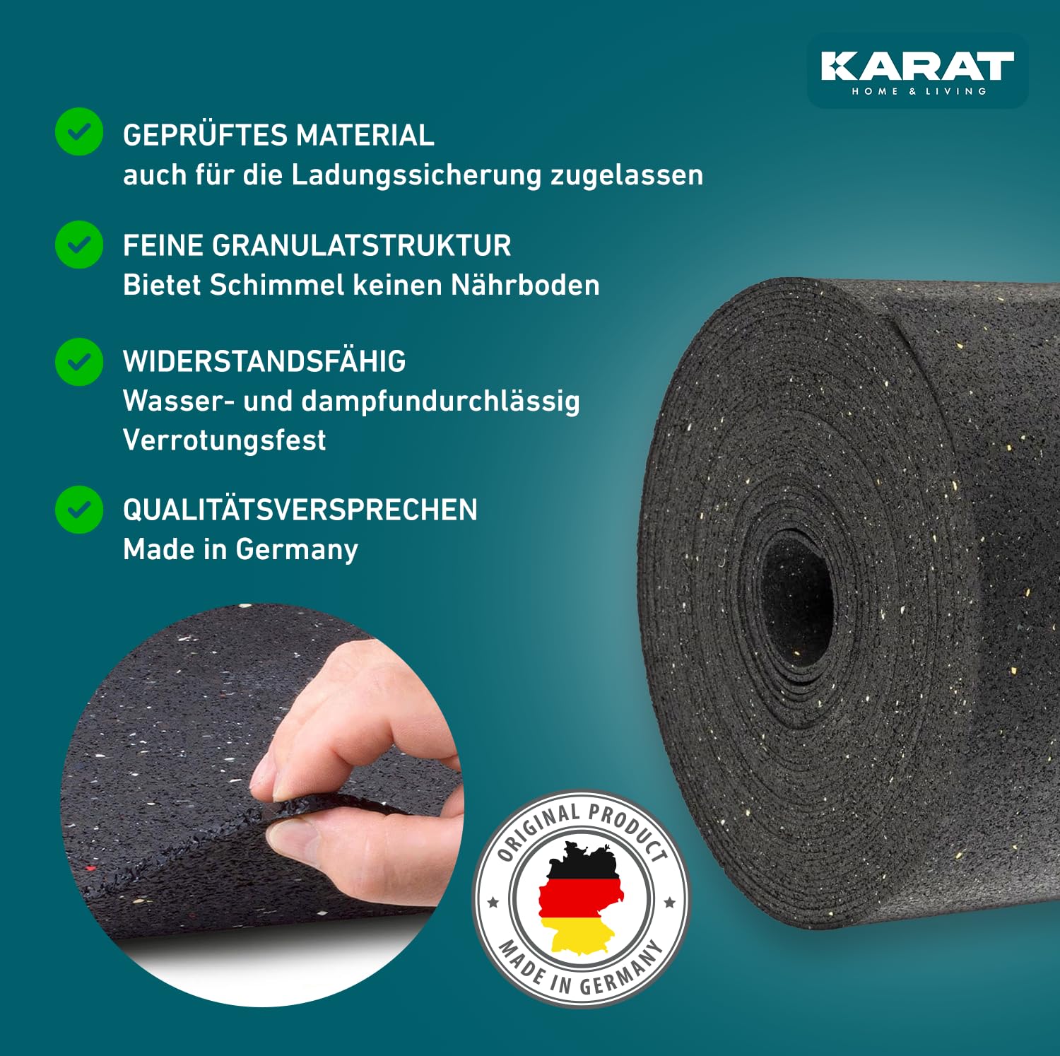 KARAT Terrassenpads auf Rolle - Abstandshalter, Trittschalldämmung, Bautenschutzmatte für Terrassen aus Gummigranulat, zuschneidbare Gummi Unterlage (10000 x 80 x 10 mm)