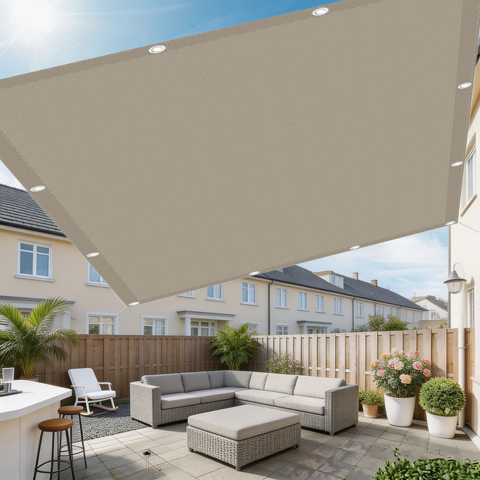 Vela Ombreggiante Impermeabile Rettangolare 430 x 440 cm Protezione Solare Respirante Anti UV Rettangolare Resistente Alle Intemperie Tenda a Vela da Giardino per Giardino, Cachi